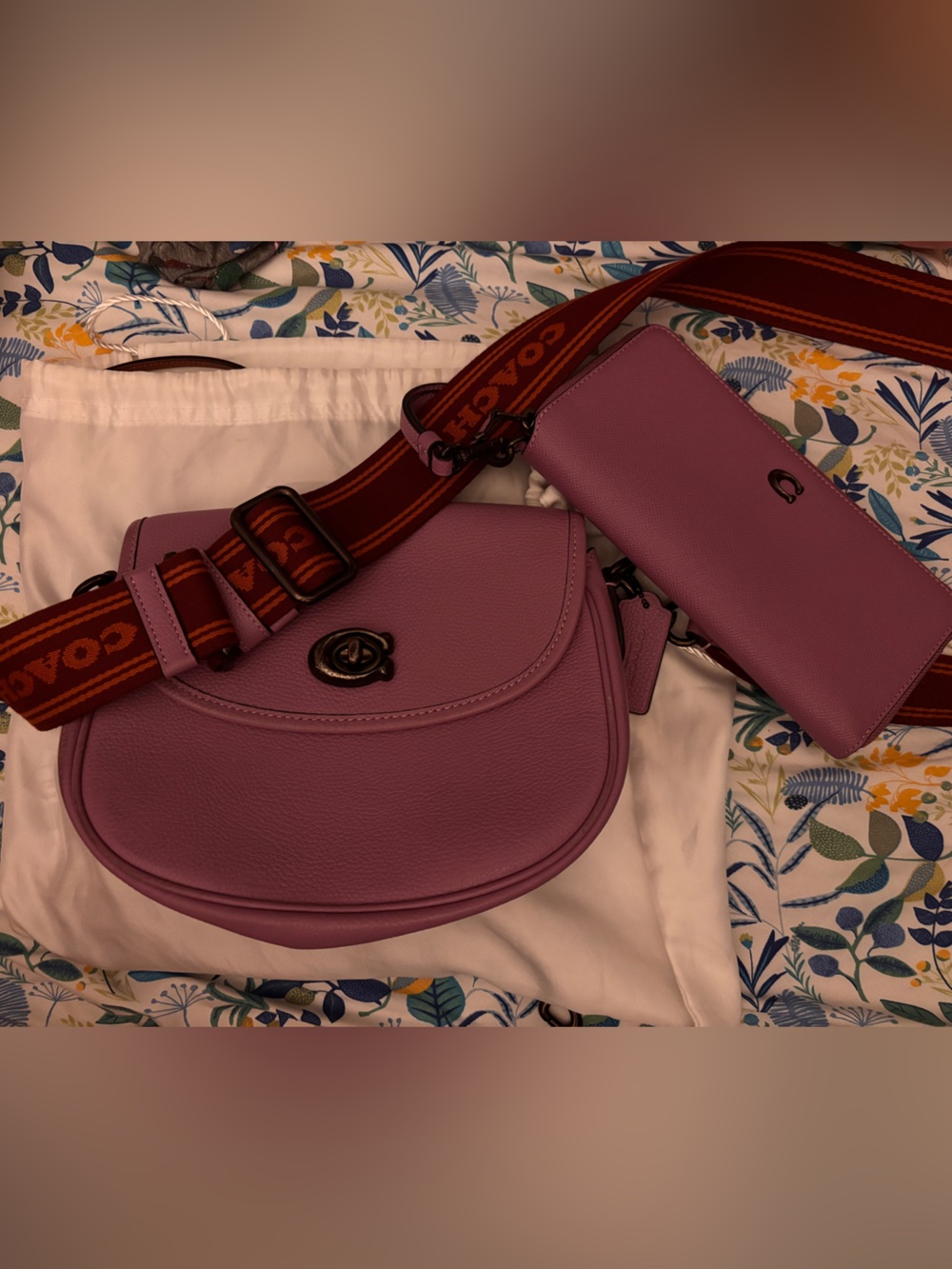 Coach Willow Purple Pebble Leather Saddle Crossbody with Large Wallet Set